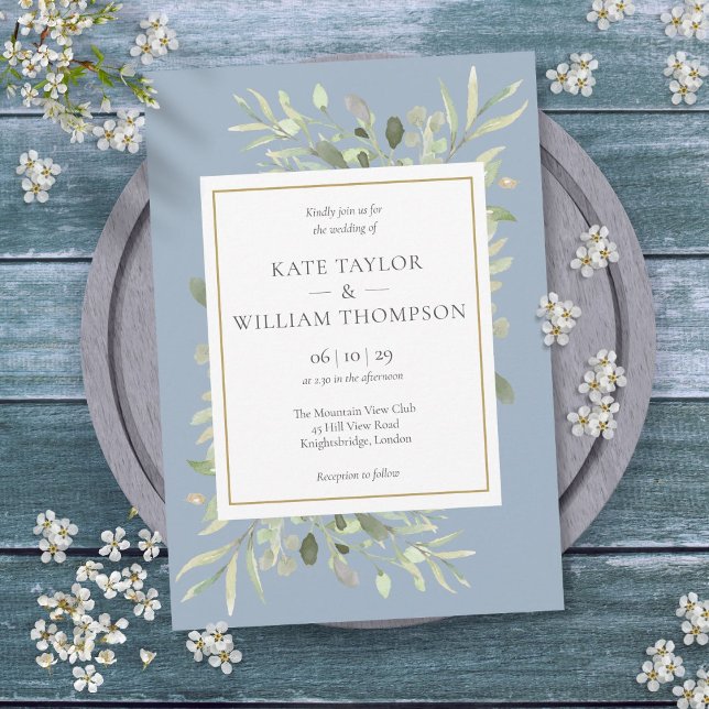 Dusty Blue Greenery Foliage Floral Wedding Invitation (Dusty Blue Greenery Foliage Floral Wedding Invitation)