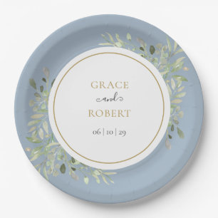 Dusty Blue Greenery Foliage Gold Wedding Paper Plate