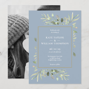 Dusty Blue Greenery Foliage Photo Wedding Invitation