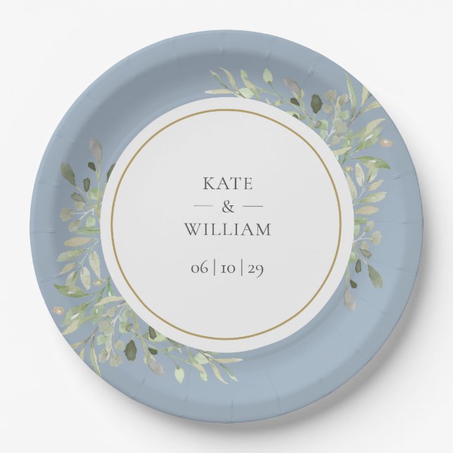 Dusty Blue Greenery Foliage Wedding Paper Plate (Front)