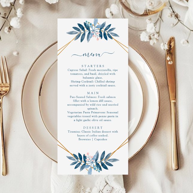 Dusty Blue Greenery Geometric Modern Wedding Menu (Creator Uploaded)