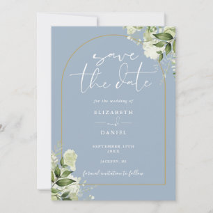 Dusty Blue Greenery Gold Arch QR Code Wedding Save The Date