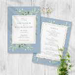 Dusty Blue Greenery Gold Frame All In One Wedding Invitation<br><div class="desc">Featuring delicate watercolor greenery leaves on a dusty blue background,  this chic botanical all-in-one wedding invitation can be personalized with all your special wedding day information on the reverse including your RSVP,  accommodation,  and additional details. Designed by Thisisnotme©</div>