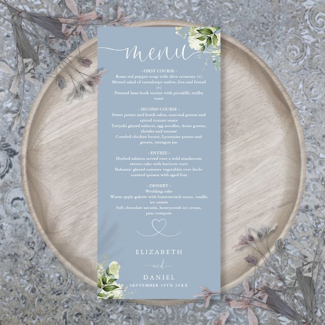 Dusty Blue Greenery Heart Script Wedding Dinner Menu (Dusty Blue Greenery Heart Script Wedding Dinner Menu)