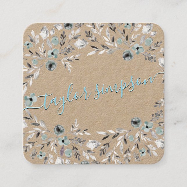 Dusty Blue Greenery Kraft Paper Neon Swash Script Square Business Card (Front)