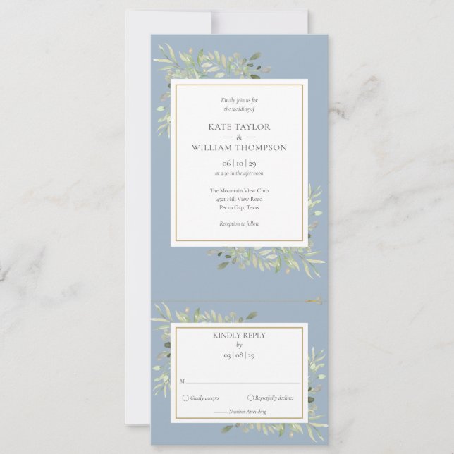 Dusty Blue Greenery Leaves All In One Wedding  Invitation (Front)
