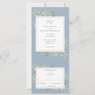 Dusty Blue Greenery Leaves All In One Wedding  Invitation