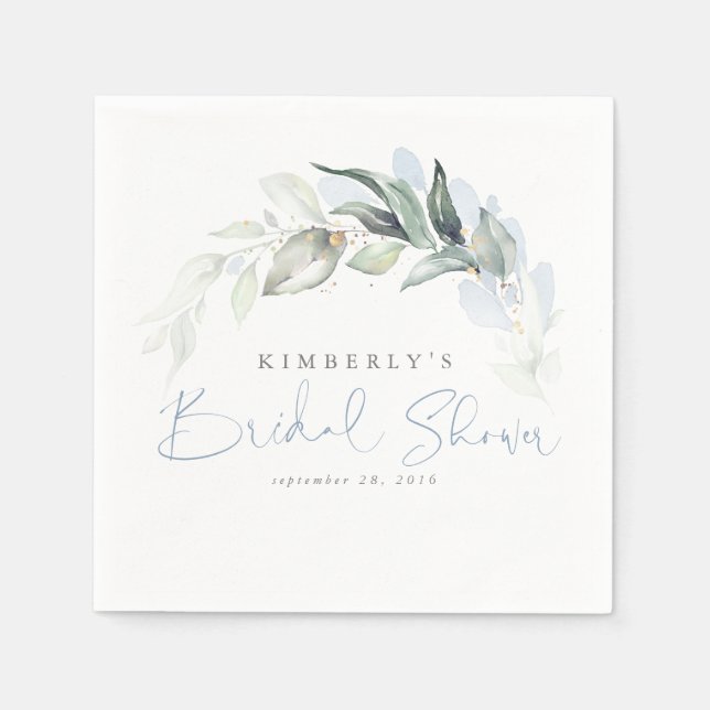 Dusty Blue Greenery Leaves Elegant Bridal Shower Napkin (Front)