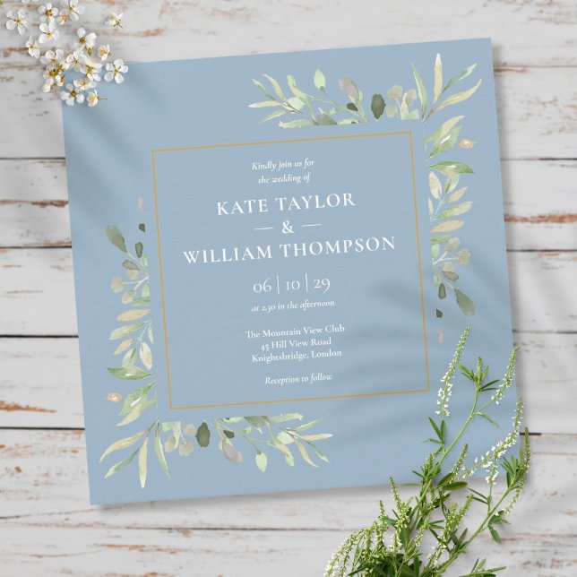 Dusty Blue Greenery Leaves Foliage Wedding Invitation (Creator Uploaded)