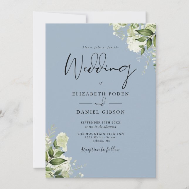 Dusty Blue Greenery Leaves Modern Monogram Wedding Invitation (Front)