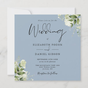 Dusty Blue Greenery Leaves Monogram Square Wedding Invitation