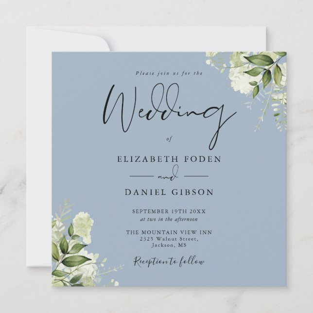 Dusty Blue Greenery Leaves Monogram Square Wedding Invitation (Front)