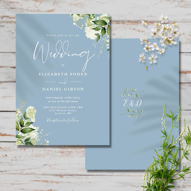 Dusty Blue Greenery Leaves Monogram Wedding Invitation (Creator Uploaded)
