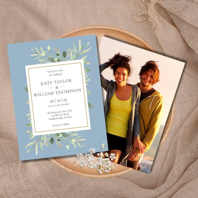 Dusty Blue Greenery Leaves Wedding Photo Invitation Postcard (Creator Uploaded)