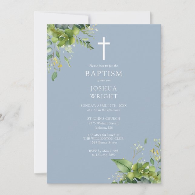Dusty Blue Greenery Monogram Baptism Christening Invitation (Front)