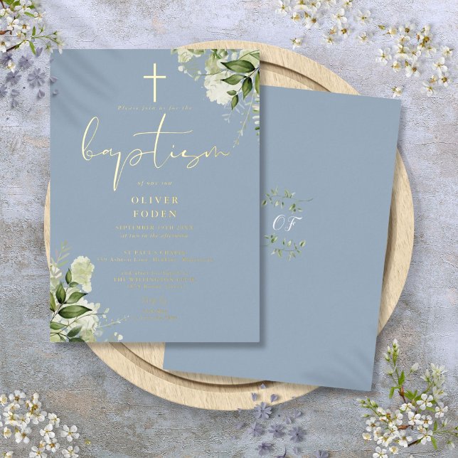 Dusty Blue Greenery Monogram Baptism Gold (Dusty Blue Greenery Monogram Baptism Gold Foil Invitation)