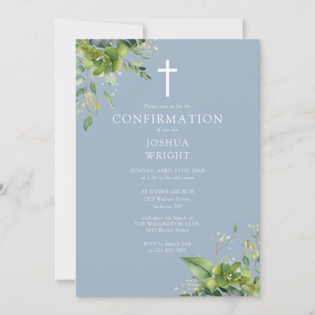 Dusty Blue Greenery Monogram Confirmation Invitation (Front)