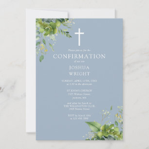 Dusty Blue Greenery Monogram Confirmation Invitation