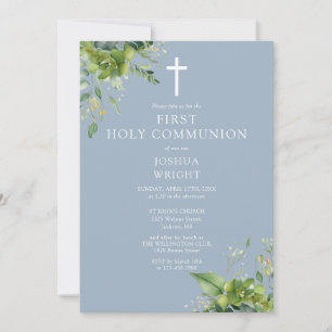 Dusty Blue Greenery Monogram First Holy Communion Invitation