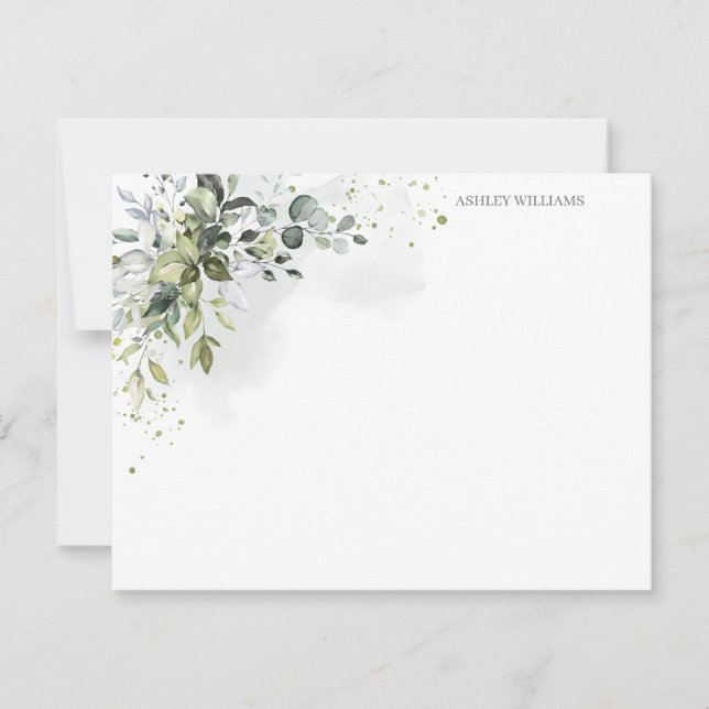 Dusty Blue Greenery Personalised Stationery Card (Front)
