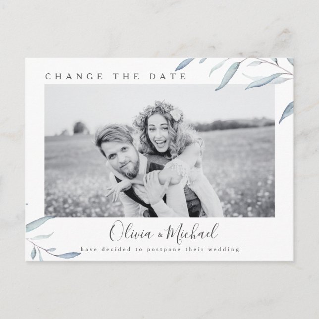 Dusty blue greenery photo change the date postcard (Front)