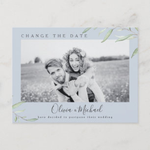 Dusty blue greenery photo change the date postcard