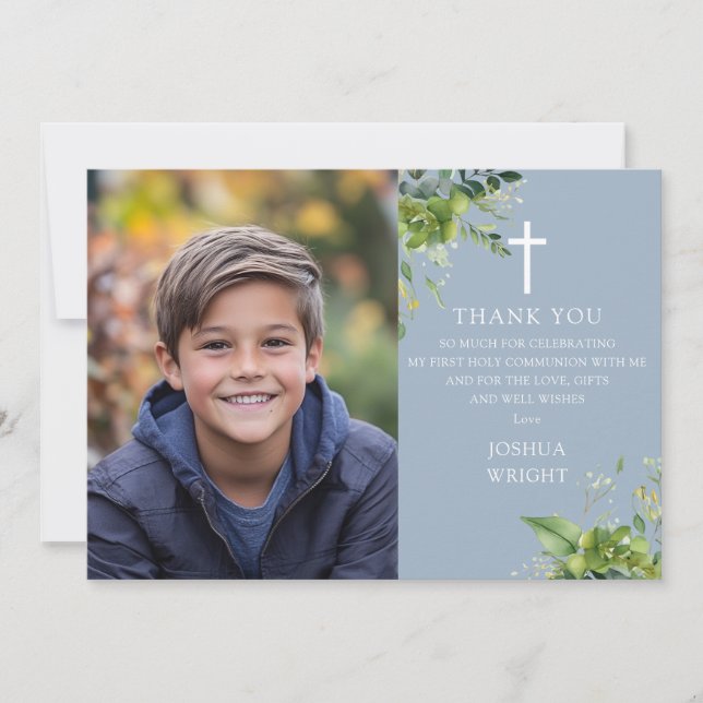 Dusty Blue Greenery Photo First Holy Communion Thank You Card (Front)