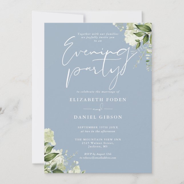 Dusty Blue Greenery Photo Wedding Evening Party Invitation (Front)
