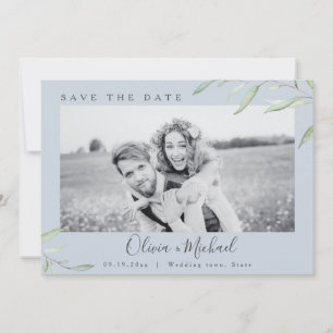 Dusty blue greenery photo wedding save the date invitation