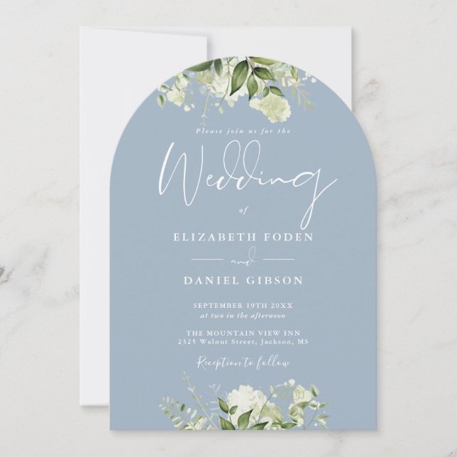 Dusty Blue Greenery QR Code Wedding Arch Invitation (Front)