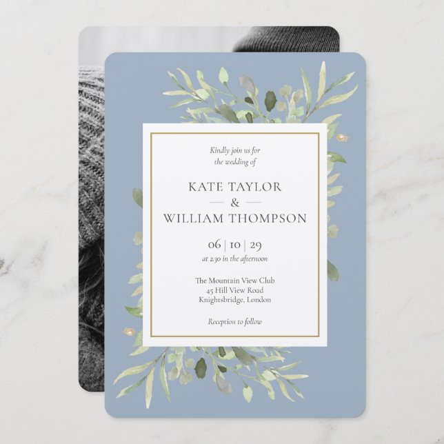 Dusty Blue Greenery Rustic Kraft Photo Wedding Invitation (Front/Back)