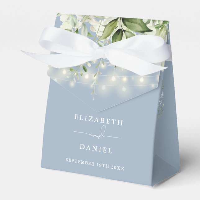 Dusty Blue Greenery String Lights Wedding Favour Box (Front Side)
