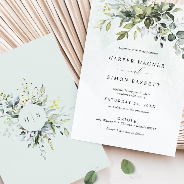 Dusty Blue Greenery Succulent Eucalyptus Wedding Invitation (Creator Uploaded)