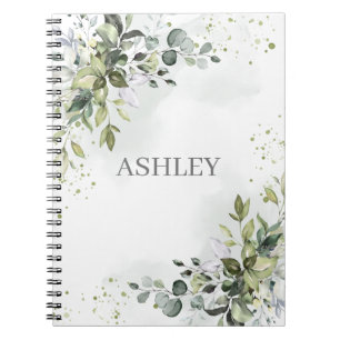 Dusty Blue Greenery Watercolor Personalised Name Notebook