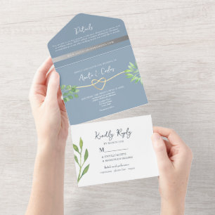 Dusty Blue Greenery Wedding All In One Invitation