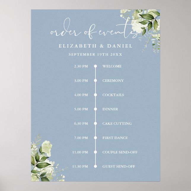 Dusty Blue Greenery Wedding Order Of Events Sign (Front)