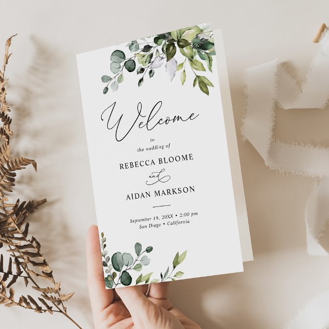 Dusty Blue Greenery Wedding Program Bi-Fold (Creator Uploaded)