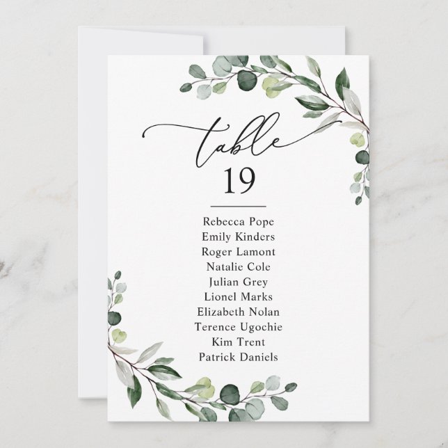 Dusty Blue Greenery Wedding Seating Chart Cards (Front)