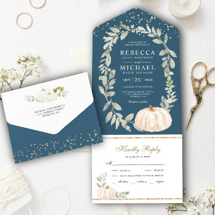 Dusty Blue Greenery White Pumpkin Fall Wedding All In One Invitation