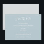 Dusty Blue Grey and White Save The Date Wedding Invitation<br><div class="desc">A minimalist and chic design featuring elegant typography in white on a dusty blue background. 

The matching invitation is available at:
https://www.zazzle.com/dusty_blue_gray_white_minimalist_elegant_wedding_invitation-256986027098687748</div>