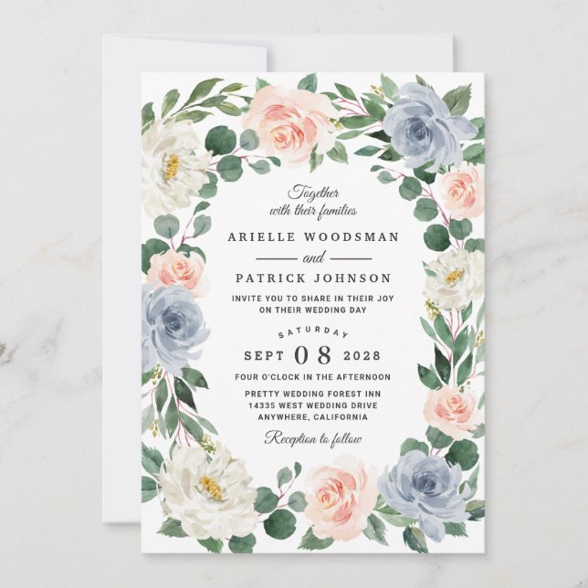 Dusty Blue Grey Blush Pink Peach Floral Wedding Invitation (Front)