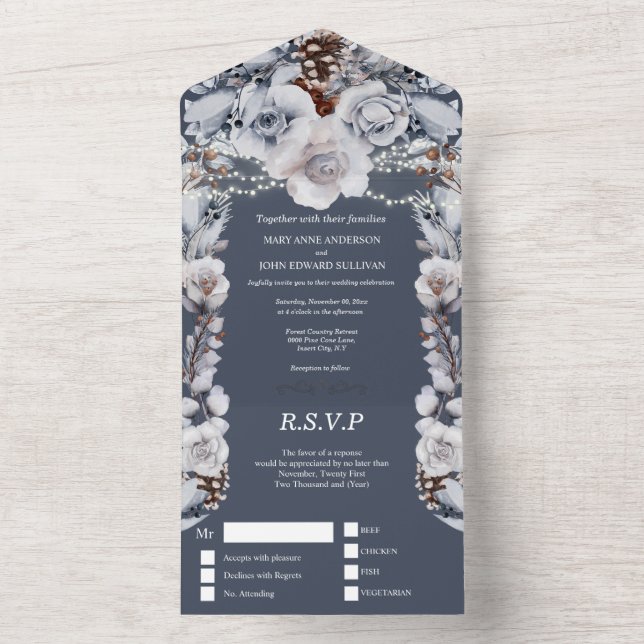 Dusty blue grey country rose string lights  all in one invitation (Inside)