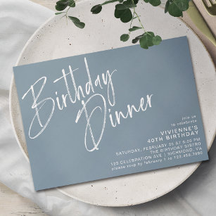 Dusty Blue Grey   Elegant Script Birthday Dinner Invitation