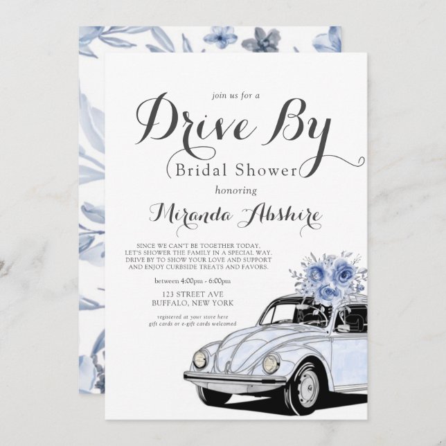 Dusty Blue Grey Floral Car Drive By Bridal Shower Invitation (Front/Back)