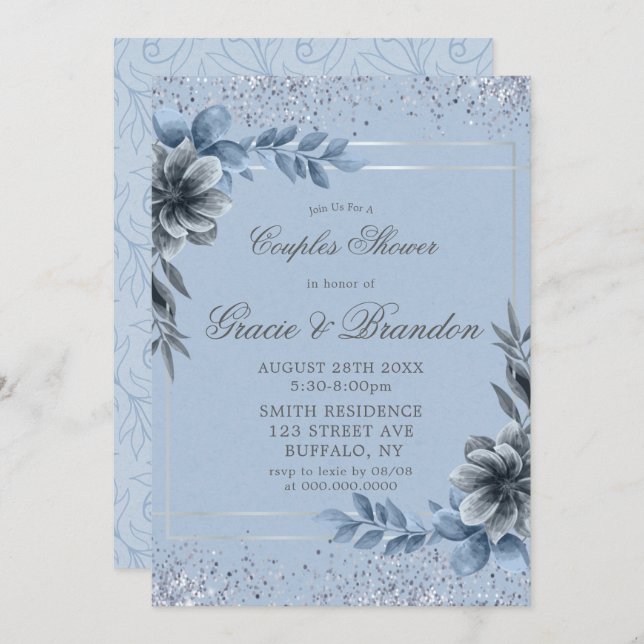 Dusty Blue Grey Floral Couples Shower Invitations  (Front/Back)