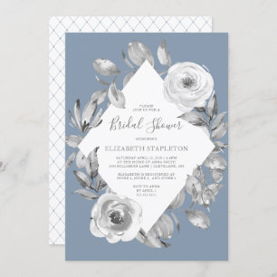 Dusty Blue Grey Floral Diamond Bridal Shower Invitation