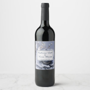  Dusty Blue Grey Floral Wedding Wine Label