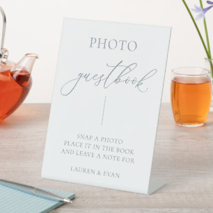 Dusty Blue Grey Minimalist Photo Guestbook 1 Pedestal Sign