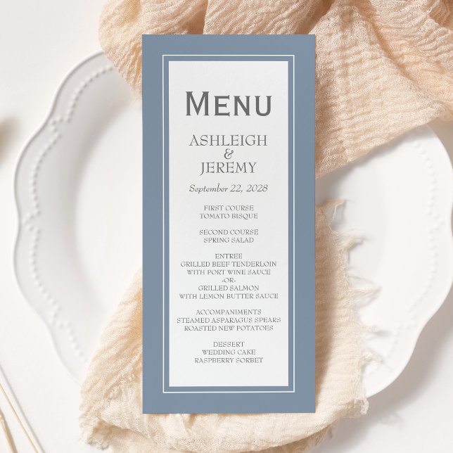Dusty Blue Grey Modern Minimalist Wedding Menu (Creator Uploaded)