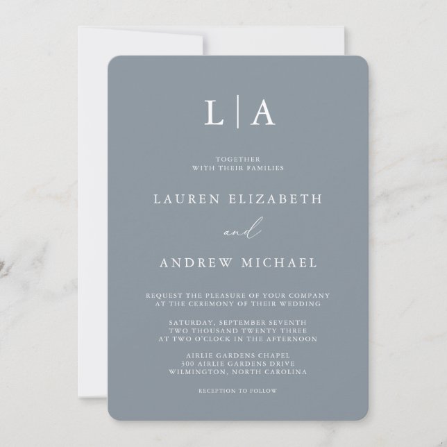 Dusty Blue Grey Monogram Simple Minimalist Wedding Invitation (Front)